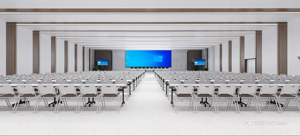 Spacious Modern Conference Room With Rows Of Chairs And Large Front Screen 3d model 