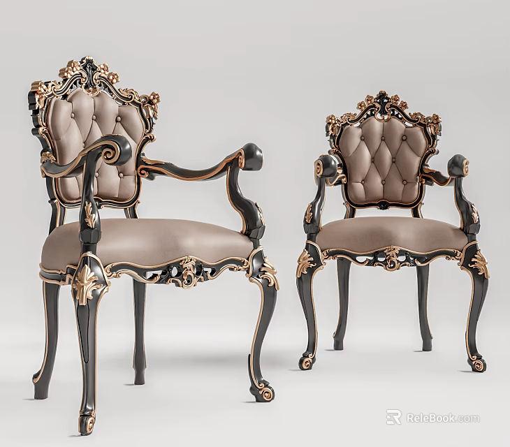 Elegant Carved Dining Chairs With Black Frame Gold Trim And Light Brown Upholstery 3d model 