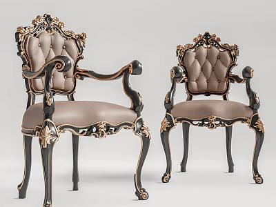 Elegant Carved Dining Chairs With Black Frame Gold Trim And Light Brown Upholstery 3d model