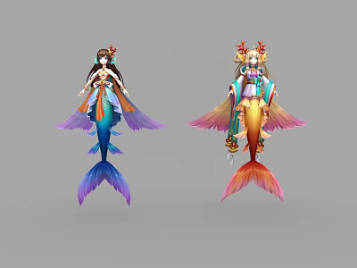 Two Colorful Mermaid Characters With Decorative Headdresses Ornamental Costumes Vibrant Tails And Wing Like Fins 3d model