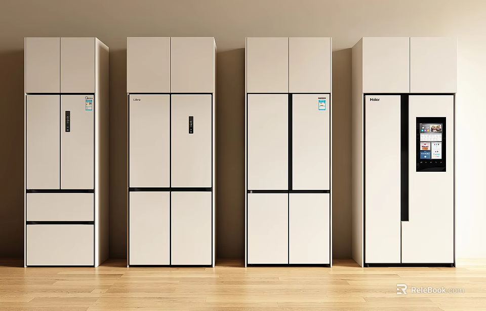 Modern White Fridge Freezers with Various Door Styles in Showroom 3d model 