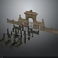 Ornate Traditional Stone Architectural Components With Archway Fence Columns And Sculptures