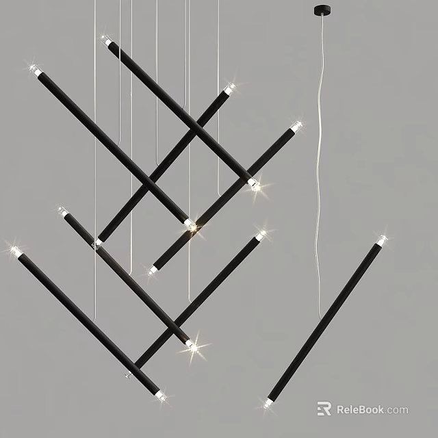 Modern Minimalist Chandelier With Crossed Black Linear Tubes And Illuminated Bulbs 3d model 
