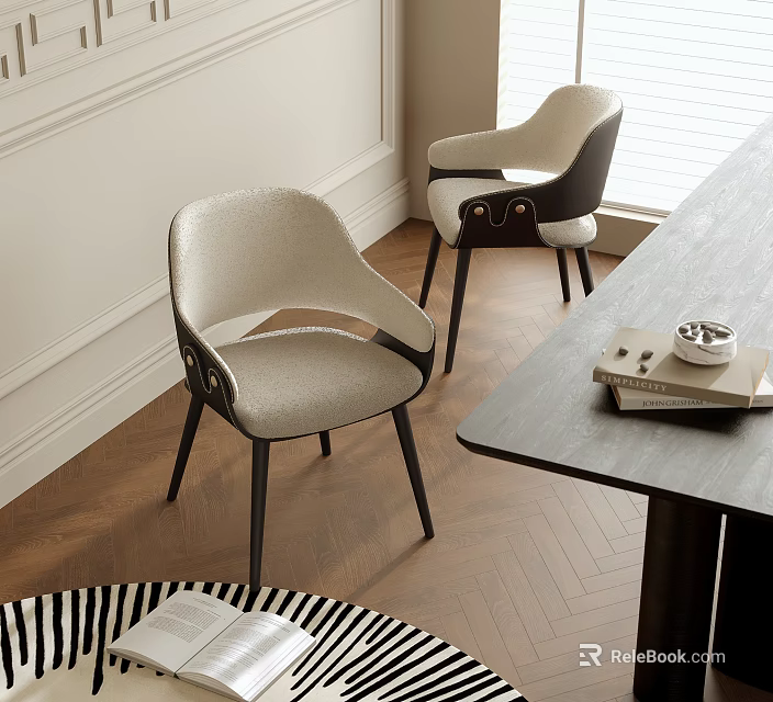 Modern Beige Upholstered Dining Chairs with Black Armrests and Wooden Floor Setting 3d model 