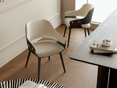 Modern Beige Upholstered Dining Chairs with Black Armrests and Wooden Floor Setting 3d model