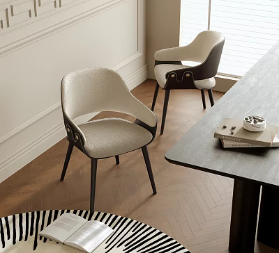 Modern Beige Upholstered Dining Chairs with Black Armrests and Wooden Floor Setting 3d model