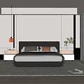 Modern Bedroom Interior with Black Headboard Pillows Nightstands Lamp Plant Striped Rug and Large Windows