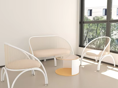 Modern Wicker Sofa Coffee Table Set With White Frame Beige Cushions And Natural Light 3d model