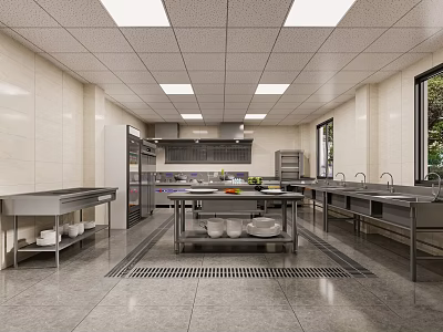 Commercial Catering Kitchen Interior With Stainless Steel Worktables Sink Areas And Refrigerators 3d model