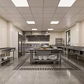 Commercial Catering Kitchen Interior With Stainless Steel Worktables Sink Areas And Refrigerators