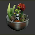 Small Rabbit Doll With Succulent Plants In Transparent Glass Bowl Decoration