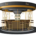 Elegant Round Bar Interior With Illuminated Lighting Gold Bar Stools And Glass Shelves