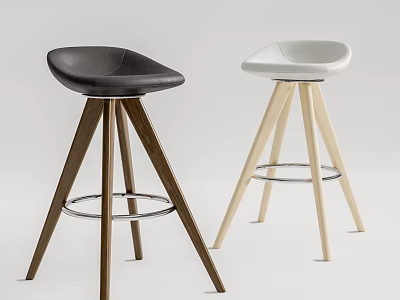 Modern Black and White Bar Stools with Leather Seats Wooden Legs and Metal Footrests 3d model