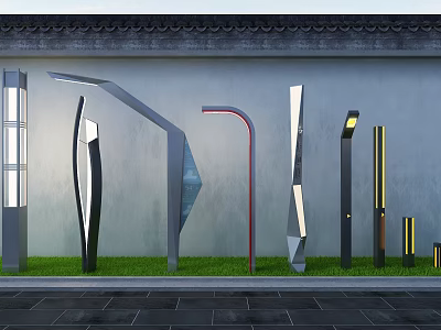 Modern Outdoor Lights With Diverse Designs Displayed On Grass Near Gray Wall 3d model