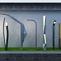 Modern Outdoor Lights With Diverse Designs Displayed On Grass Near Gray Wall