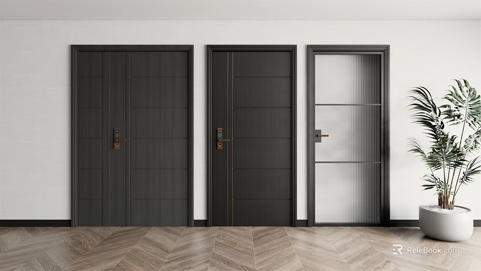 Modern Dark Wood Swing Doors With Various Panel Designs And Glass Insert 3d model