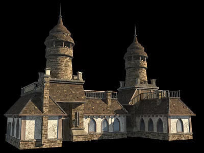 Ancient Architecture With Two Spired Towers Stone Wood Structure And Arched Windows 3d model