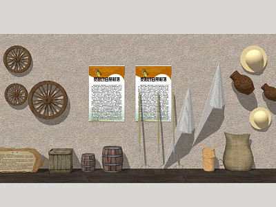 Industrial Equipment Display With Vintage Wheels Posters Cones Barrels And Sacks 3d model