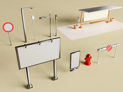 Public Furniture Collection Including Bus Stop Seats Signboards And Street Elements 3d model