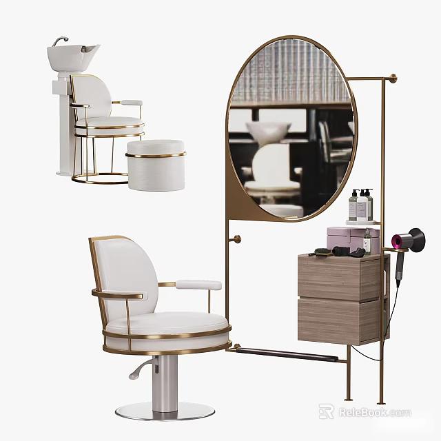 Modern Elegant Hair Salon Furniture Setup With Barber Chair Stool Mirror Cabinet And Hair Dryer 3d model 