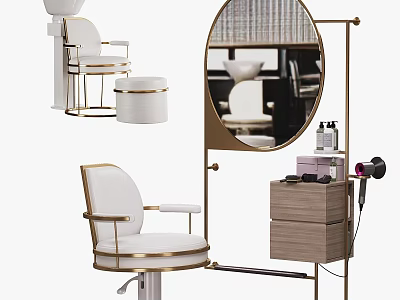 Modern Elegant Hair Salon Furniture Setup With Barber Chair Stool Mirror Cabinet And Hair Dryer 3d model