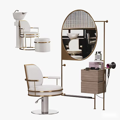 Modern Elegant Hair Salon Furniture Setup With Barber Chair Stool Mirror Cabinet And Hair Dryer 3d model
