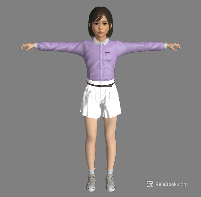 3D Model Woman In Purple Shirt And White Skirt With Arms Outstretched On Gray Background 3d model 