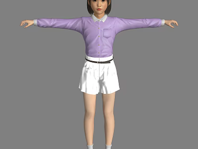 3D Model Woman In Purple Shirt And White Skirt With Arms Outstretched On Gray Background 3d model