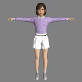 3D Model Woman In Purple Shirt And White Skirt With Arms Outstretched On Gray Background