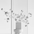 White and Pink Flower Branches in Transparent Glass Vase with Vertical Stripes Background