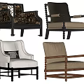 Vintage And Modern Accent Chairs With Fabric Upholstery Wooden Armrests And Neutral Colors