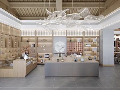 Elegant Modern Specialty Store Interior With Wooden Shelves White Artistic Chandeliers And Display Cabinets 3d model