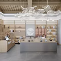 Elegant Modern Specialty Store Interior With Wooden Shelves White Artistic Chandeliers And Display Cabinets