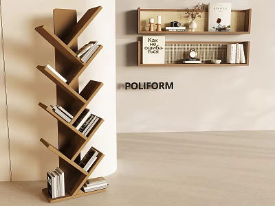 Poliform Modern Wooden Bookshelves With Unique Design Wall Mounted And Decorative Items 3d model