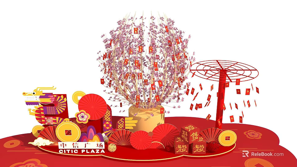 Festive Red Decorated Photo Check in Spot at QITIS PLAZA with Lanterns and Red Envelopes 3d model 