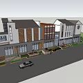 Commercial Complex Featuring Modern Traditional Design Mixed Material Facades Balconies Green Landscaping And Parked Car