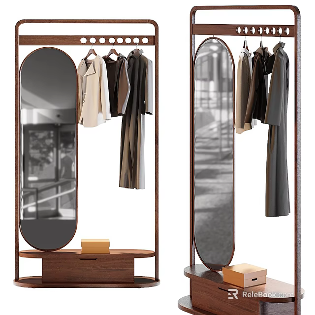 Modern Full Length Mirror With Clothes Rack Hanging Clothes On Wooden Base 3d model 