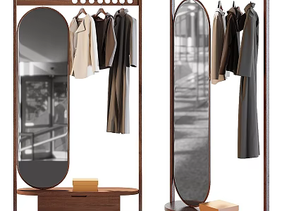 Modern Full Length Mirror With Clothes Rack Hanging Clothes On Wooden Base 3d model