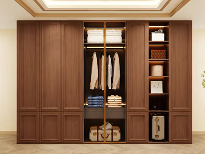 Modern Wooden Wardrobe Interior With Glass Door Hanging Clothes Folded Items And Storage Boxes 3d model