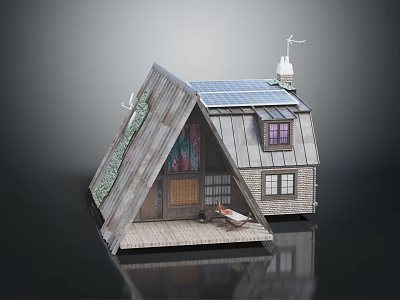 Cozy Triangular Roof House With Solar Panels Stained Glass Window Wooden Deck And Deck Chair 3d model