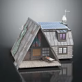 Cozy Triangular Roof House With Solar Panels Stained Glass Window Wooden Deck And Deck Chair