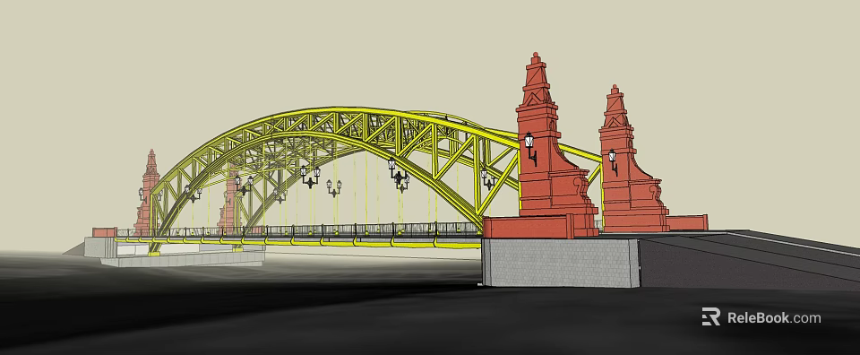 Yellow Arch Bridge with Red Towers on Both Sides and Decorative Street Lamps Ornate Design 3d model 