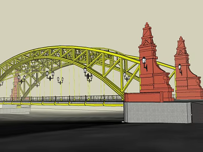 Yellow Arch Bridge with Red Towers on Both Sides and Decorative Street Lamps Ornate Design 3d model