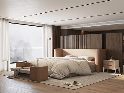 Modern Bedroom With Double Bed Wooden Headboard Large Window And Soft Rug 3d model