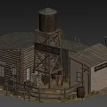 Western Style Town Scene With Wooden Buildings Water Tower And Fence