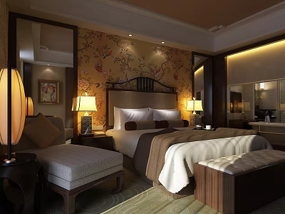 Elegant Hotel Guest Room Interior With Large Bed Floral Wallpaper And Bedside Lamps 3d model