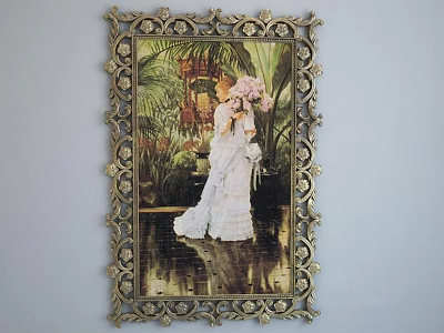 Portrait Painting of Lady in White Dress with Green Plants and Ornate Frame 3d model