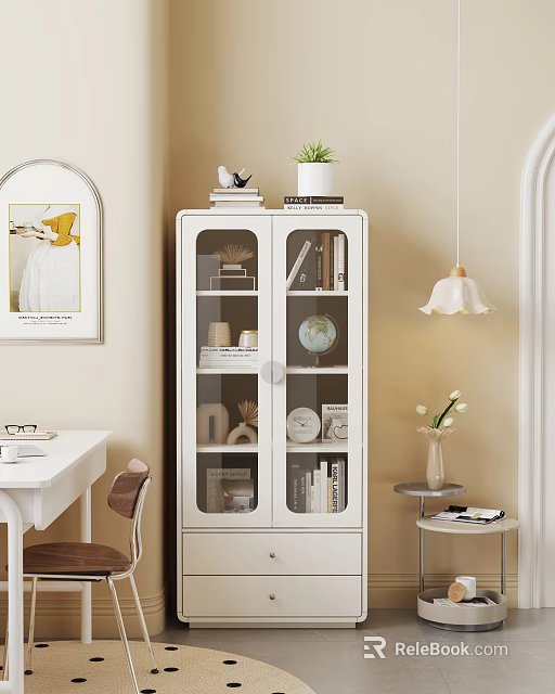 White Glass Door Bookshelf with Books Globe and Decorative Items in Cozy Study Room 3d model 