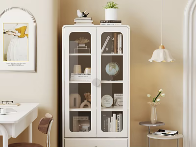 White Glass Door Bookshelf with Books Globe and Decorative Items in Cozy Study Room 3d model