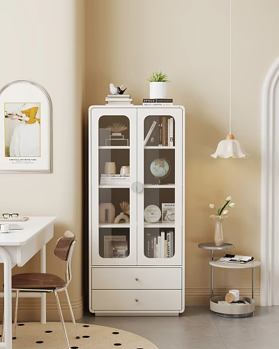 White Glass Door Bookshelf with Books Globe and Decorative Items in Cozy Study Room 3d model